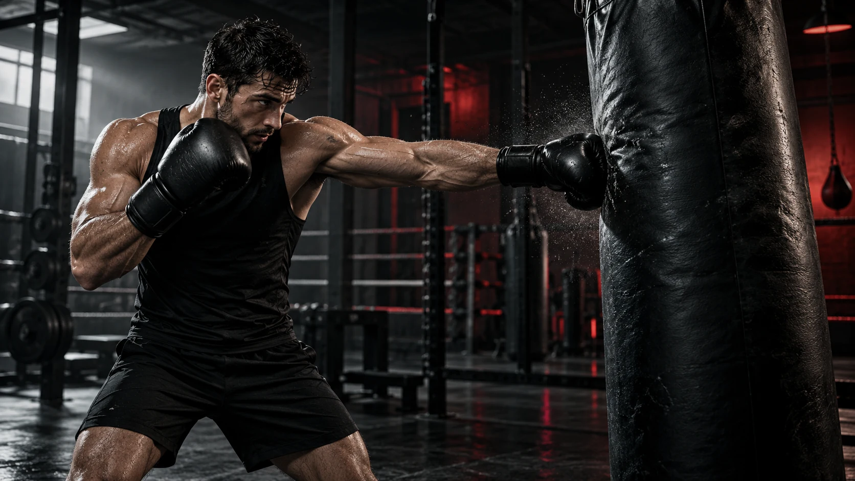 Illustrative boxer working a heavy bag in a dark gym