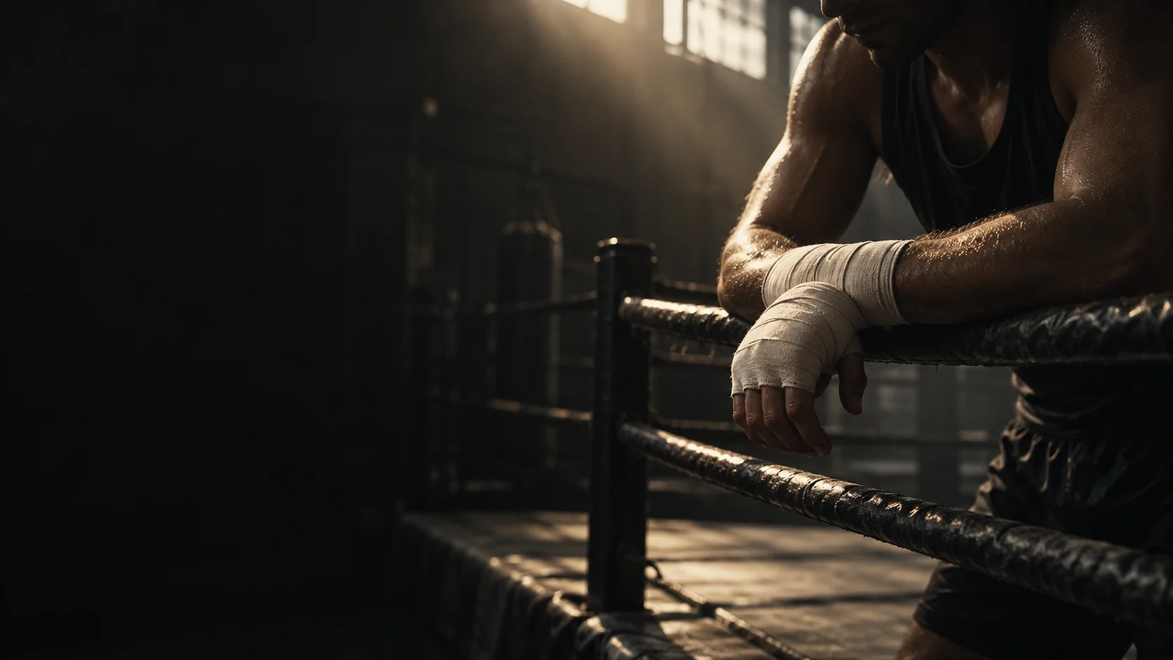 Wrapped hands resting on ring ropes after training