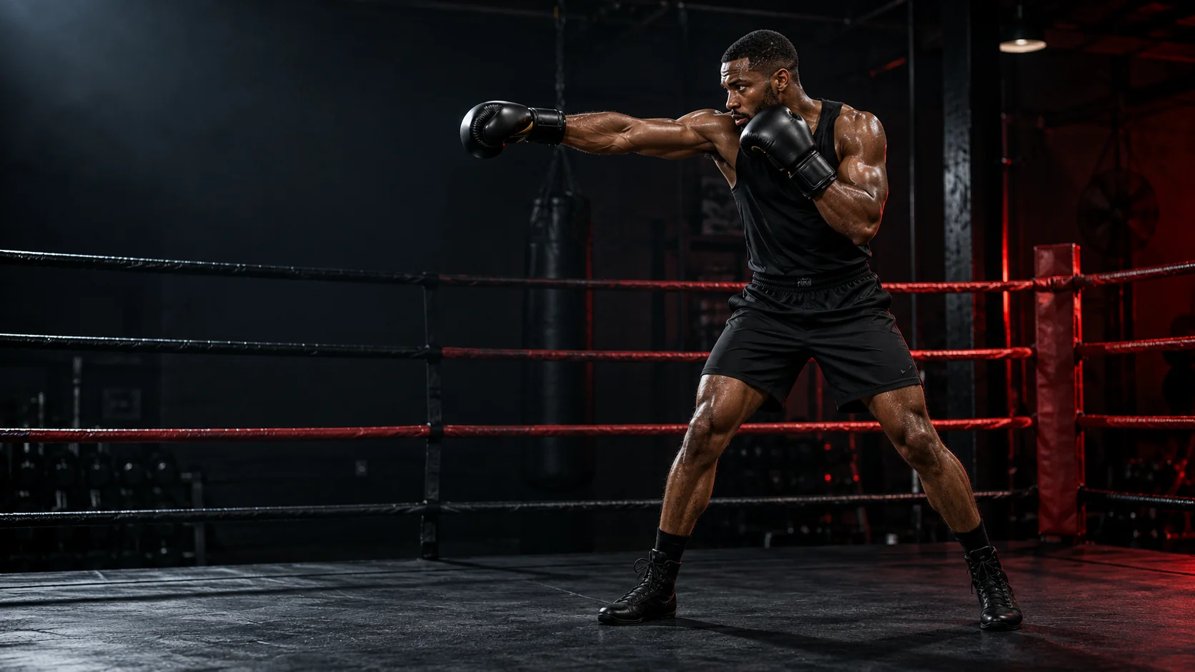 Boxer working a jab inside a dark boxing ring