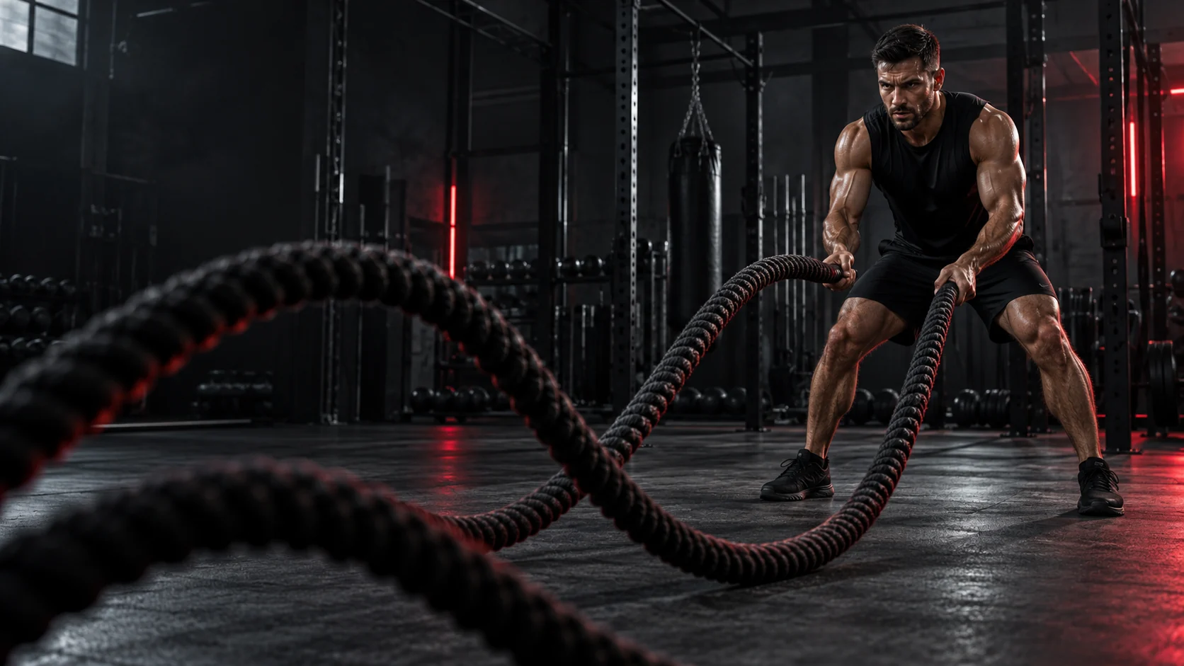 Adult athlete training with battle ropes in a dark gym