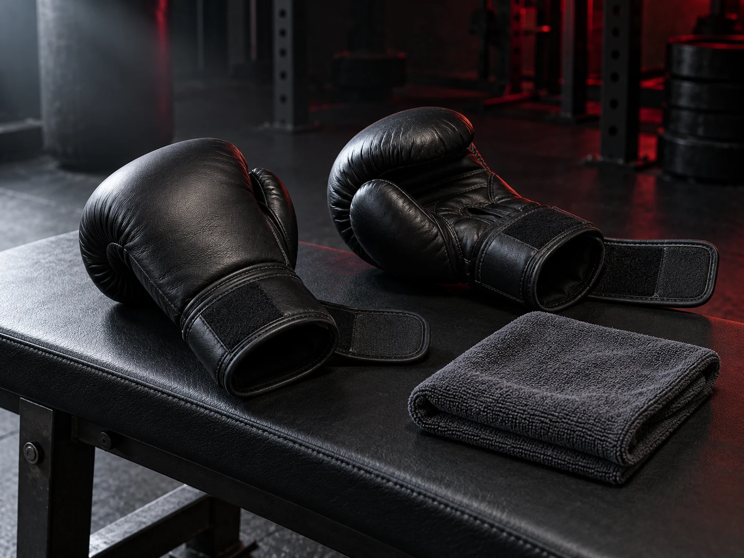 Black boxing gloves and a clean cloth on a gym bench