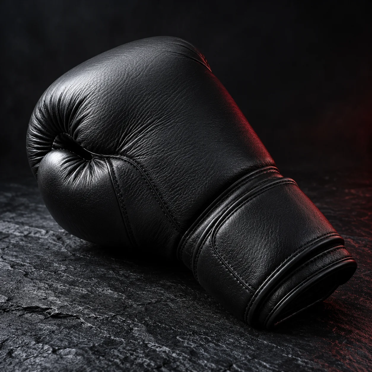 Close-up of black boxing glove stitching
