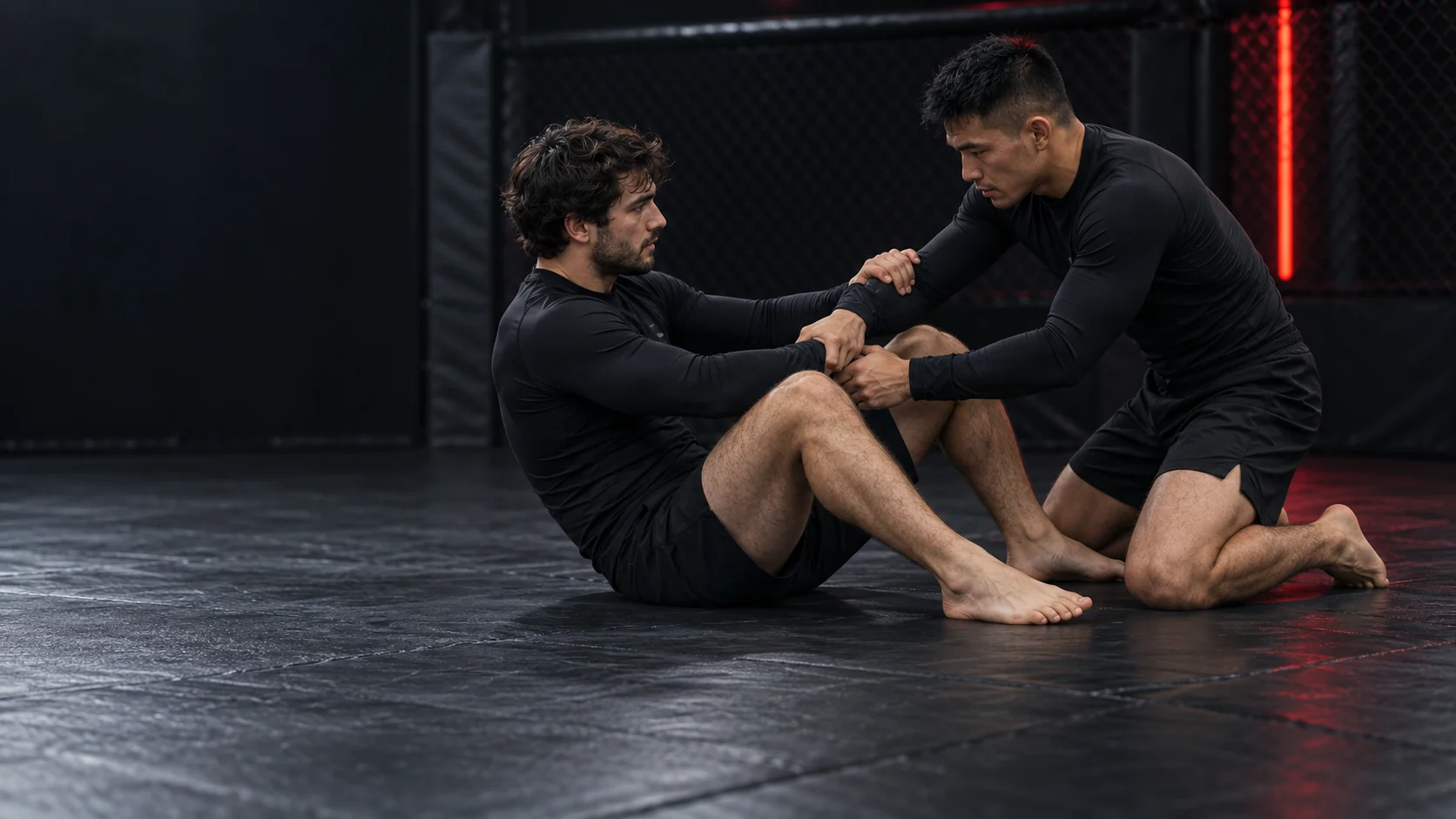 Two adult grapplers practicing a controlled mat technique