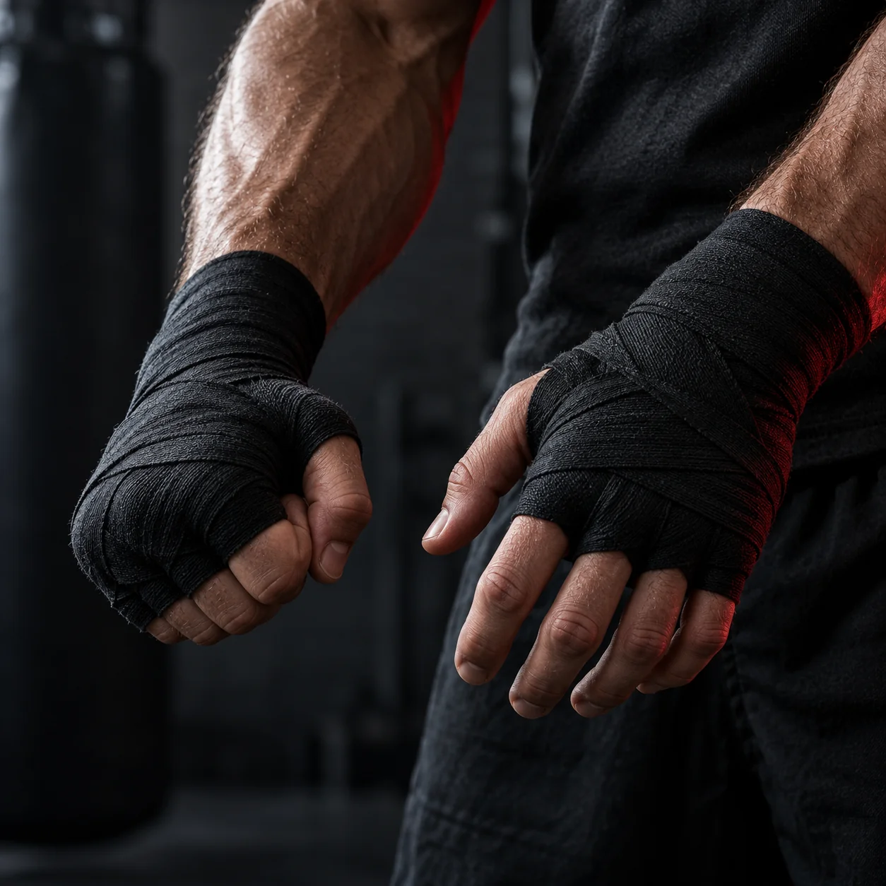 Illustrative close-up of adult hands and wrists wrapped in black boxing hand wraps