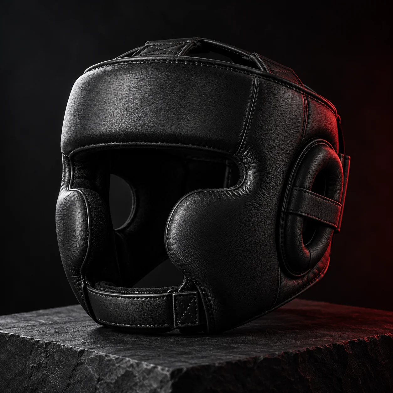 Illustrative matte-black boxing headgear