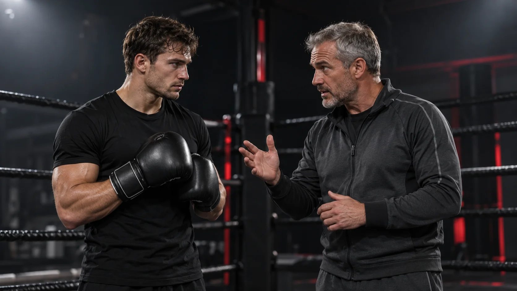 Fictional boxing coach and adult athlete preparing for pad work