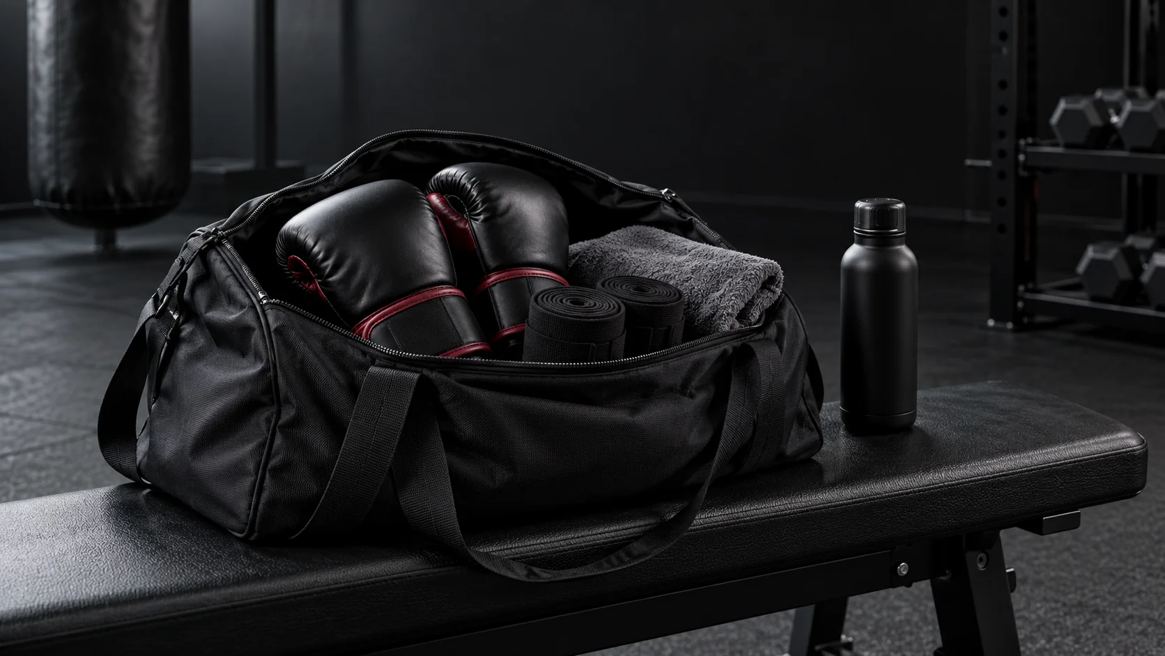 An organized black gym bag with boxing gloves, hand wraps, a towel and water bottle