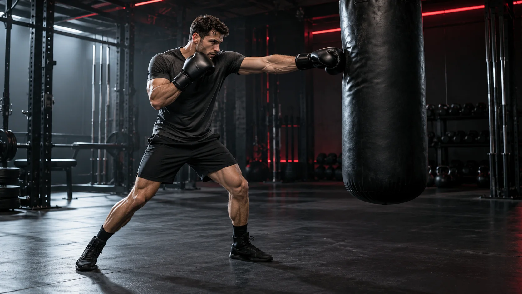 A boxer completing a controlled straight punch on a heavy bag