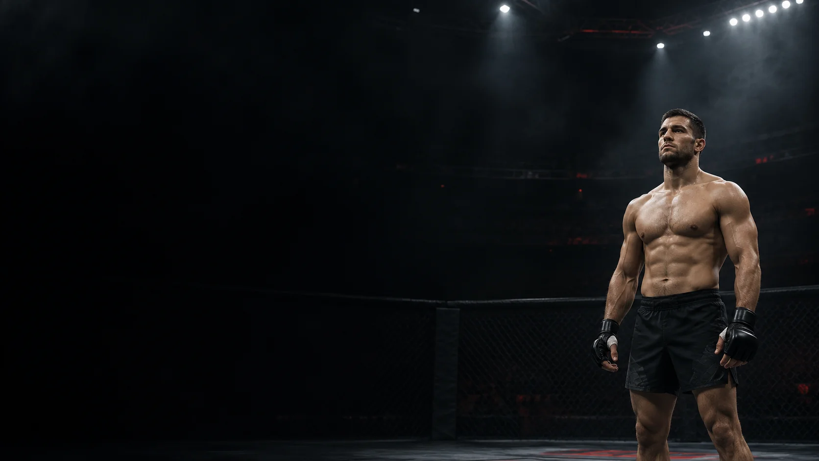 Adult MMA fighter standing beneath arena lights with space above his head