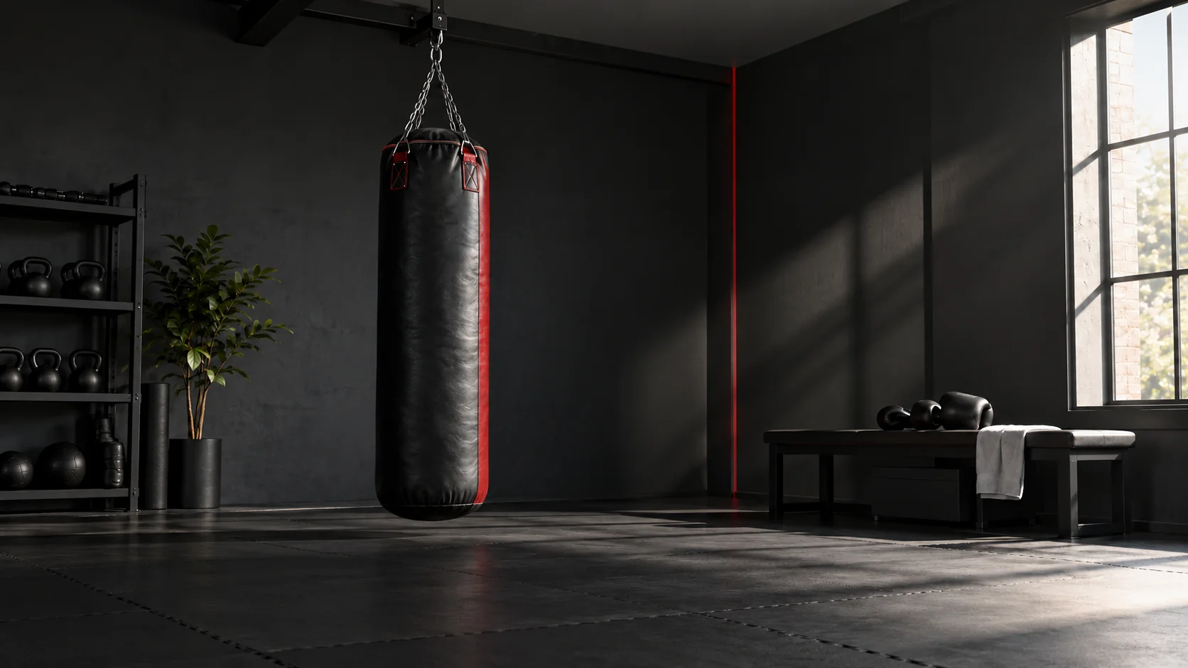 A considered home boxing space with a heavy bag, bench and neatly stored equipment