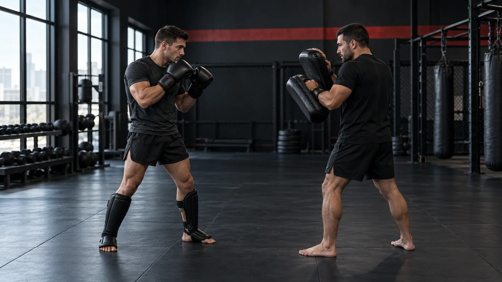 Adult athlete in a dark Muay Thai training gym