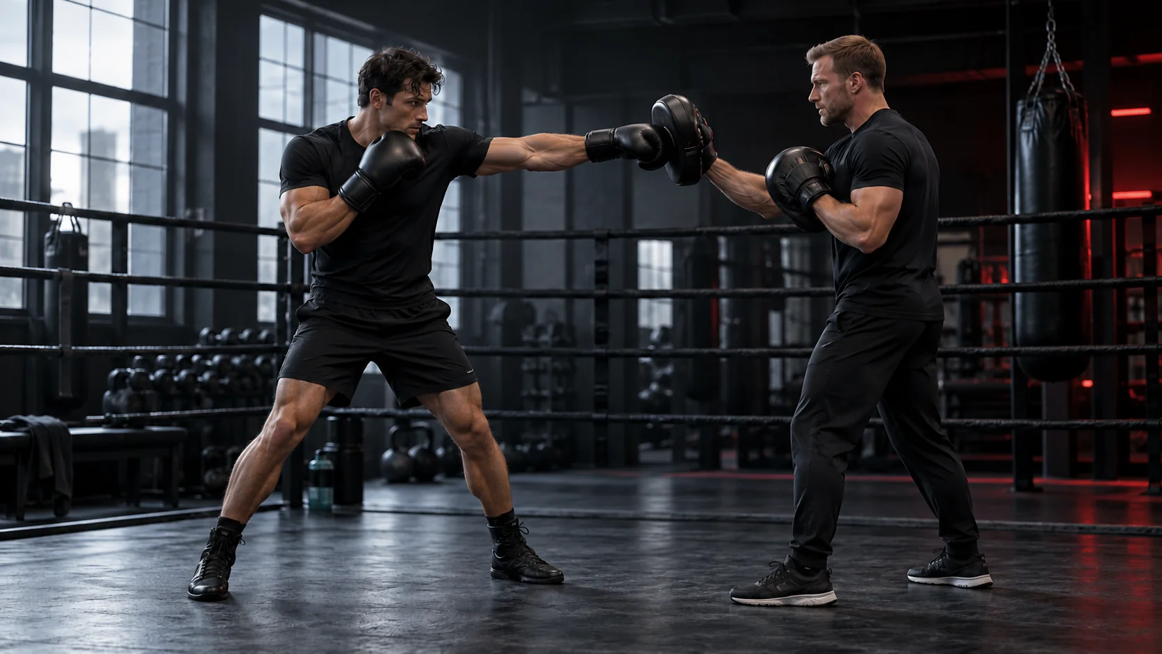 A boxer and coach working together with gloves and focus mitts