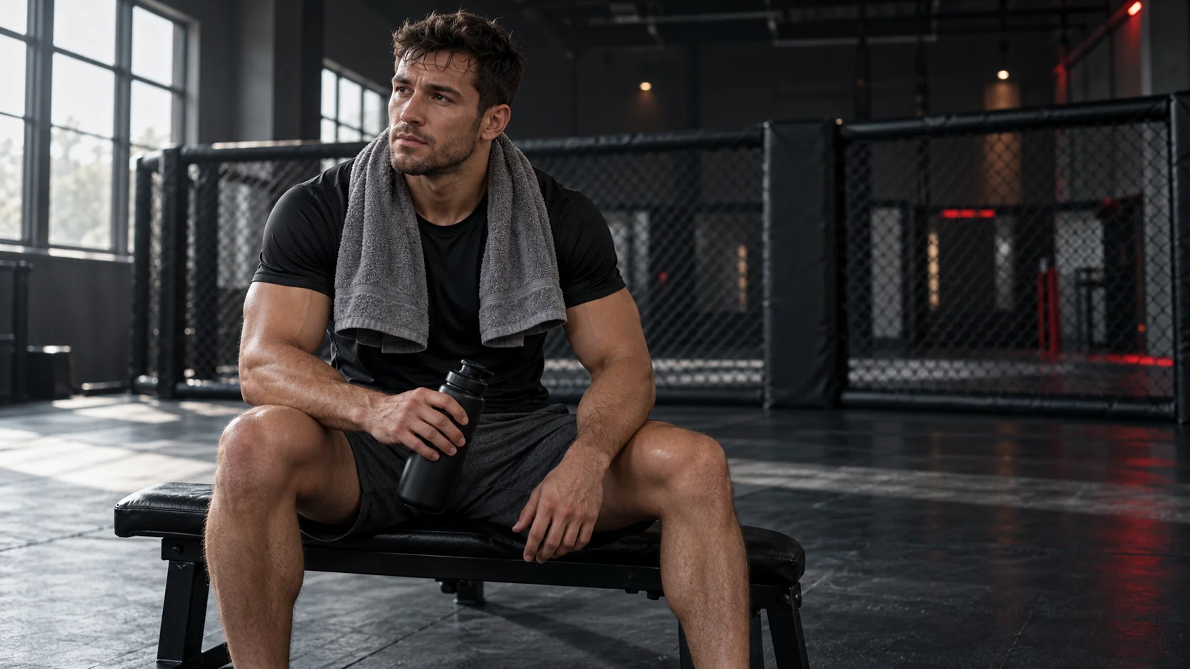 Adult athlete pausing between training rounds in a dark gym