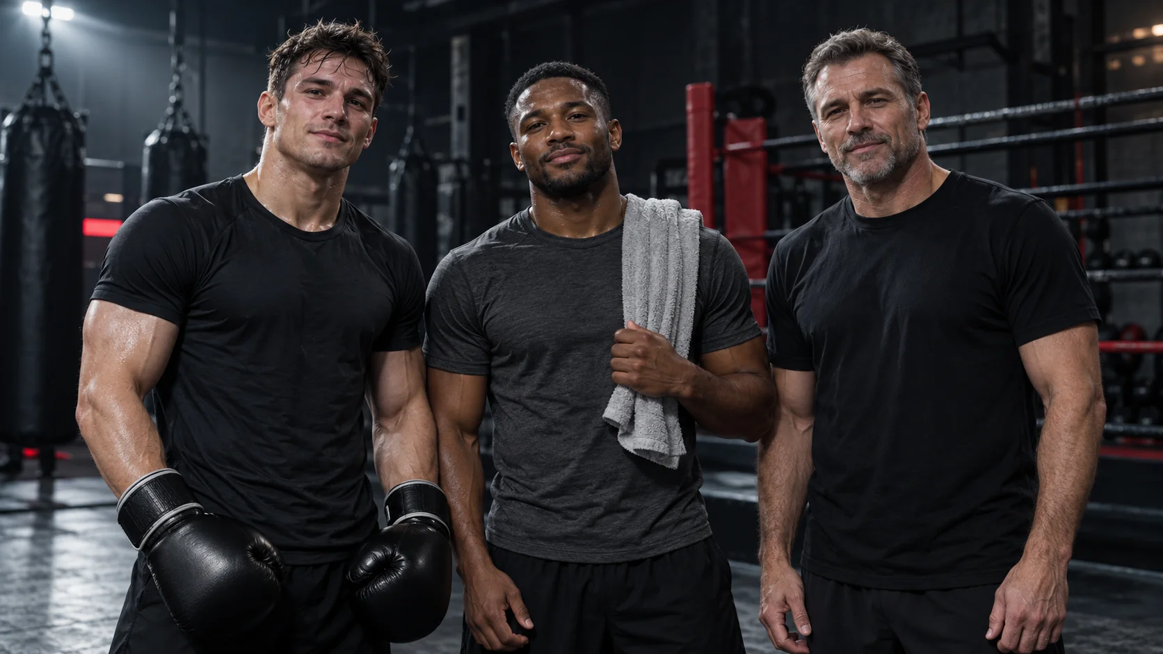 Fictional coach and athletes together in a gym corner