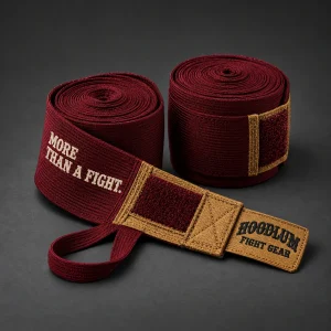 180 Hand Wraps — Oxblood / Brass — Three-quarter view (AI demo concept)