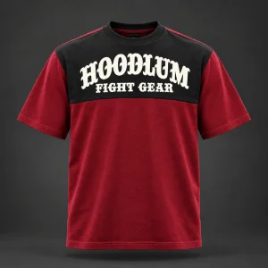 Arena Contrast Tee — Crimson / Onyx — Front view (AI demo concept)