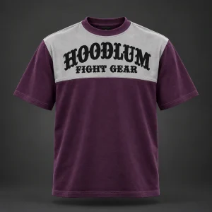 Arena Contrast Tee — Plum / Pewter — Front view (AI demo concept)