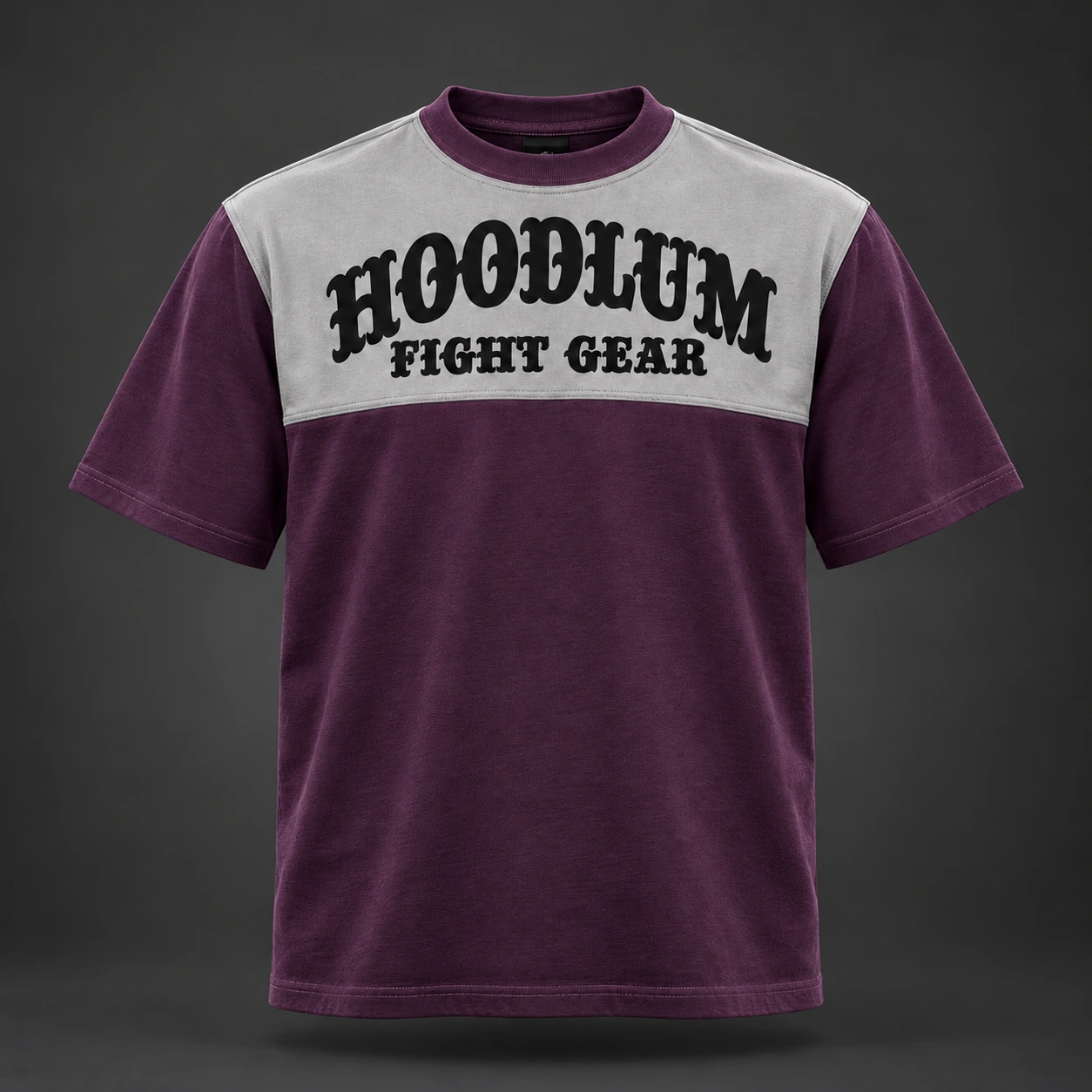 Arena Contrast Tee — Plum / Pewter — Front view (AI demo concept)