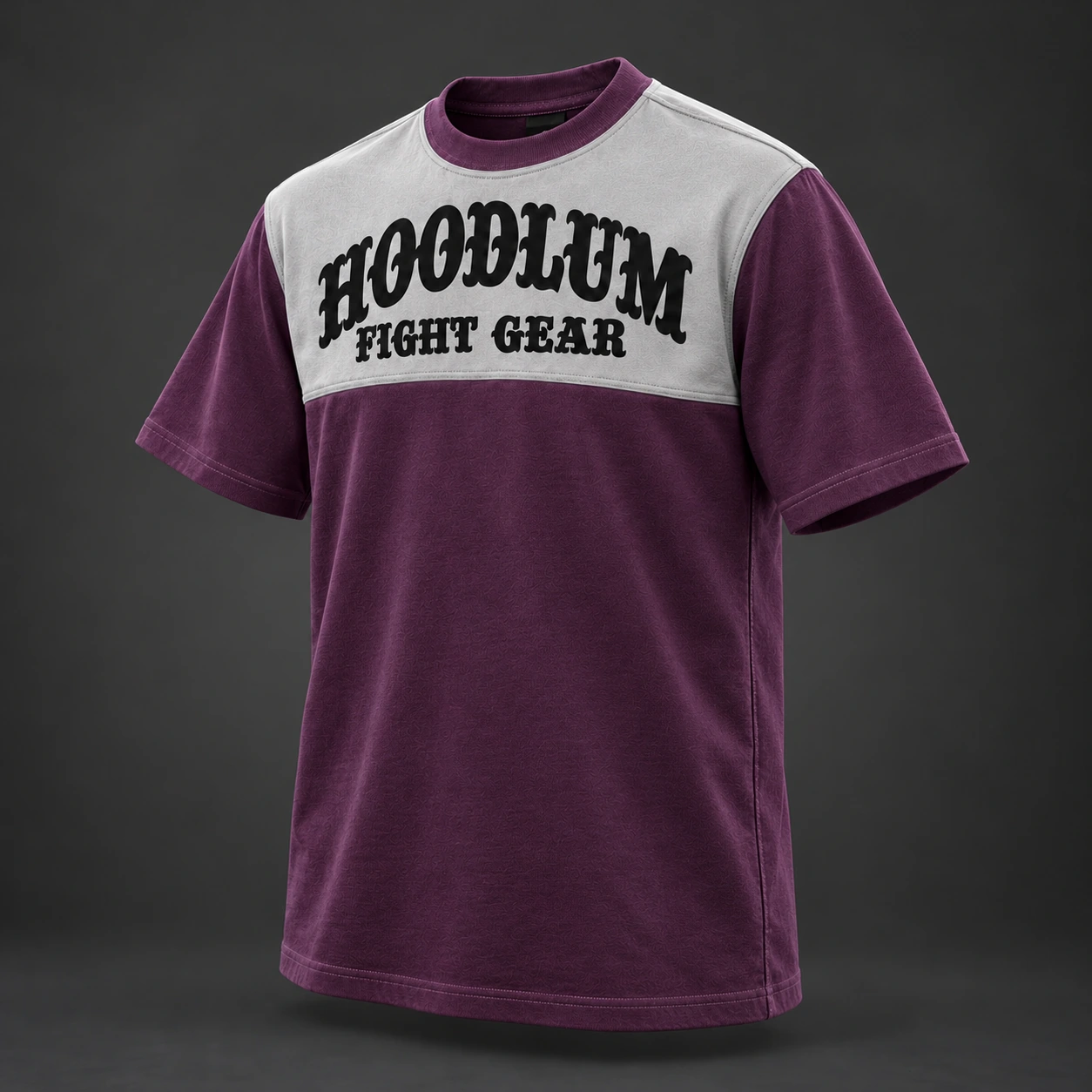Arena Contrast Tee — Plum / Pewter — Three-quarter view (AI demo concept)