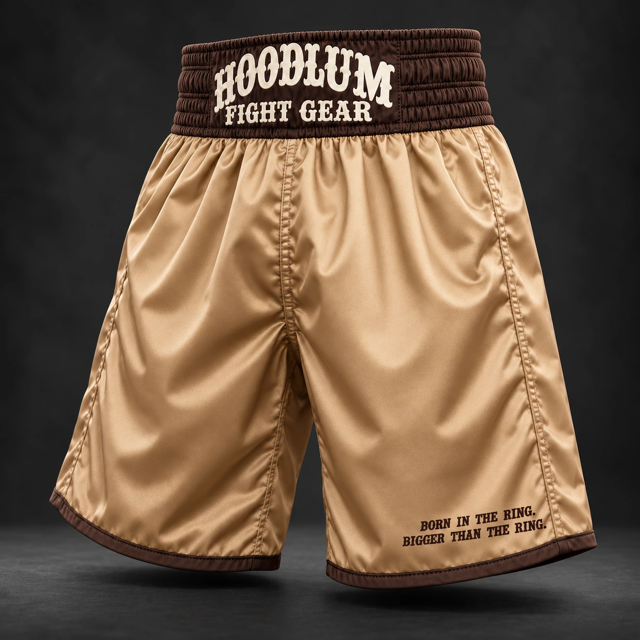 Beyond Ring Boxing Shorts — Camel / Espresso — Three-quarter view (AI demo concept)