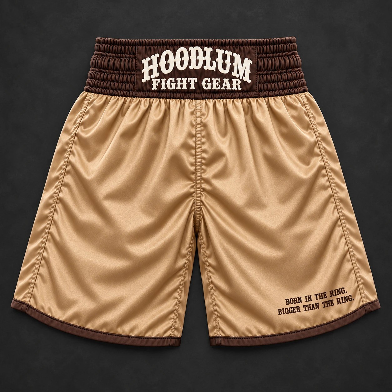 Beyond Ring Boxing Shorts — Camel / Espresso — Flat-lay view (AI demo concept)