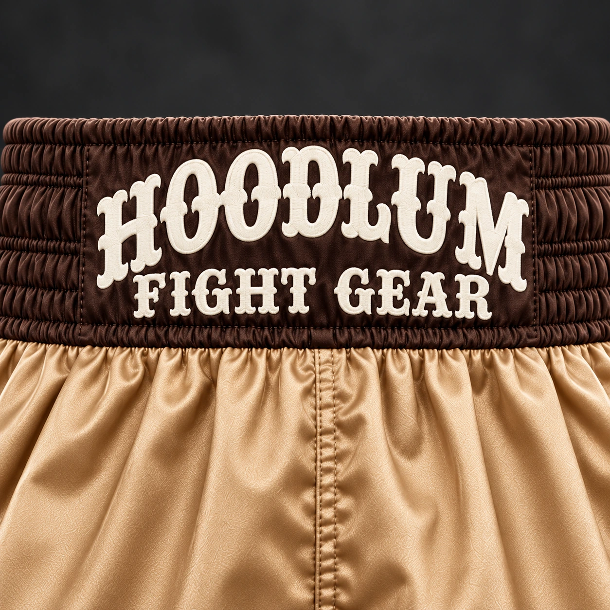Beyond Ring Boxing Shorts — Camel / Espresso — Branding detail (AI demo concept)
