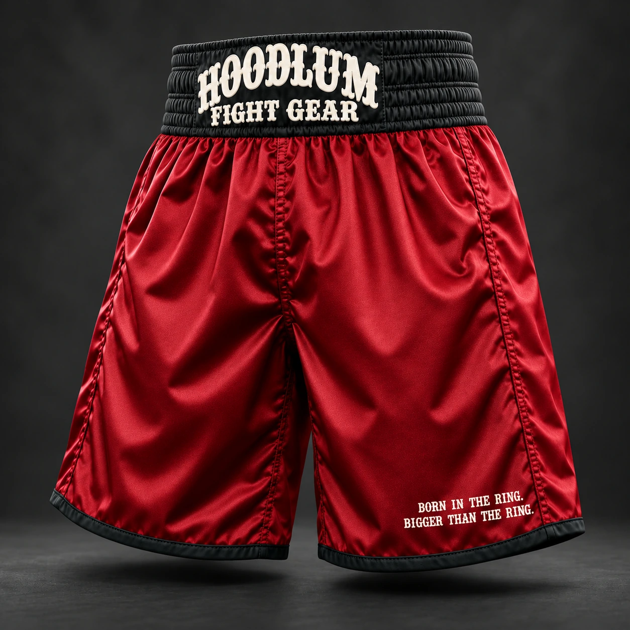 Beyond Ring Boxing Shorts — Crimson / Onyx — Three-quarter view (AI demo concept)