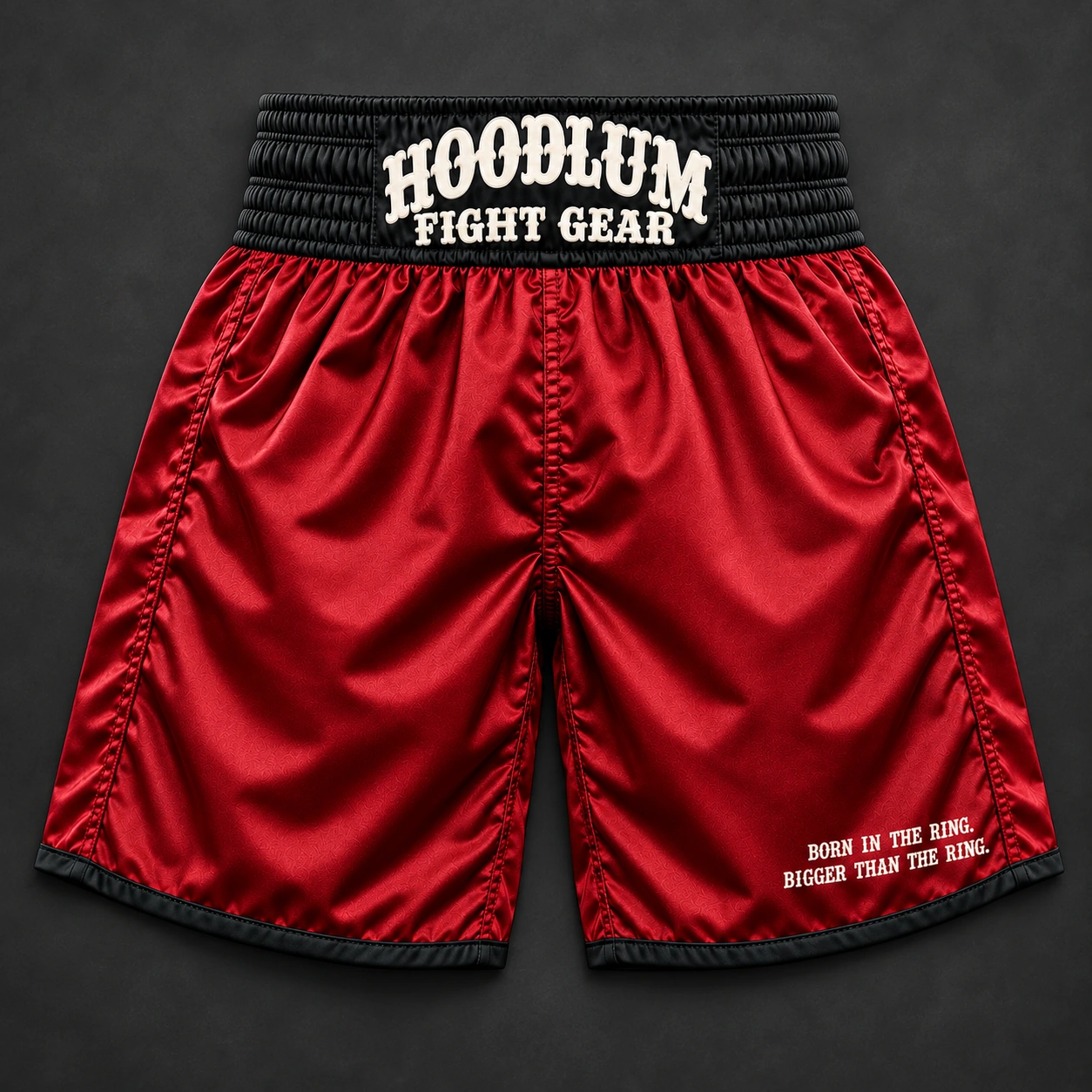 Beyond Ring Boxing Shorts — Crimson / Onyx — Flat-lay view (AI demo concept)