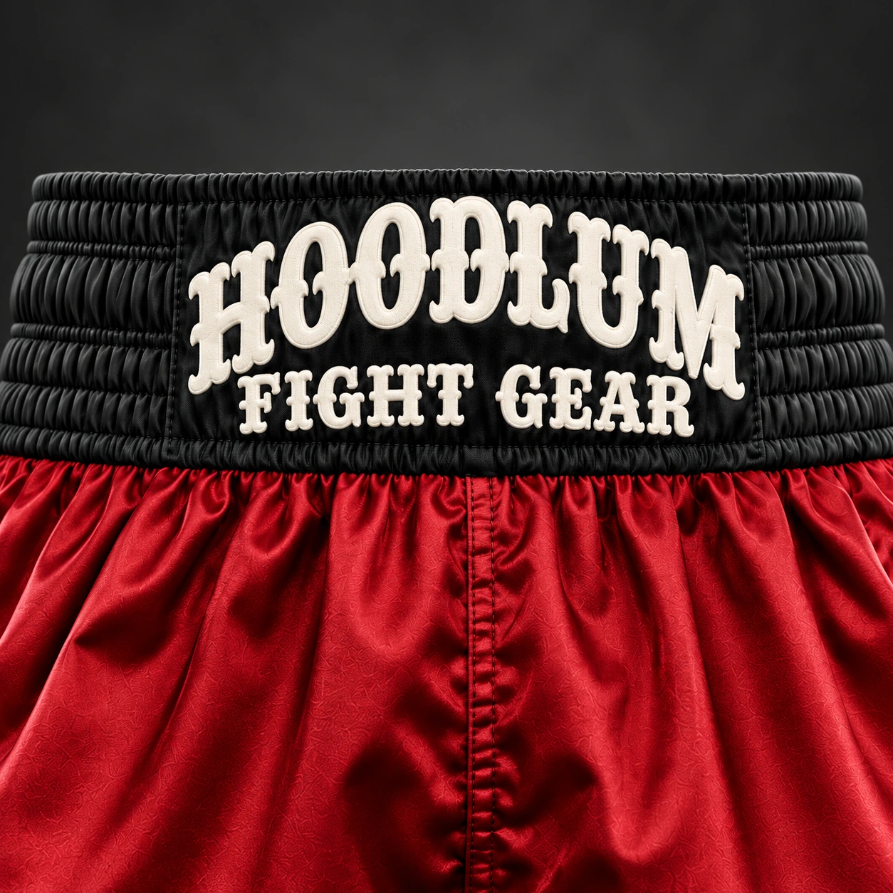 Beyond Ring Boxing Shorts — Crimson / Onyx — Branding detail (AI demo concept)