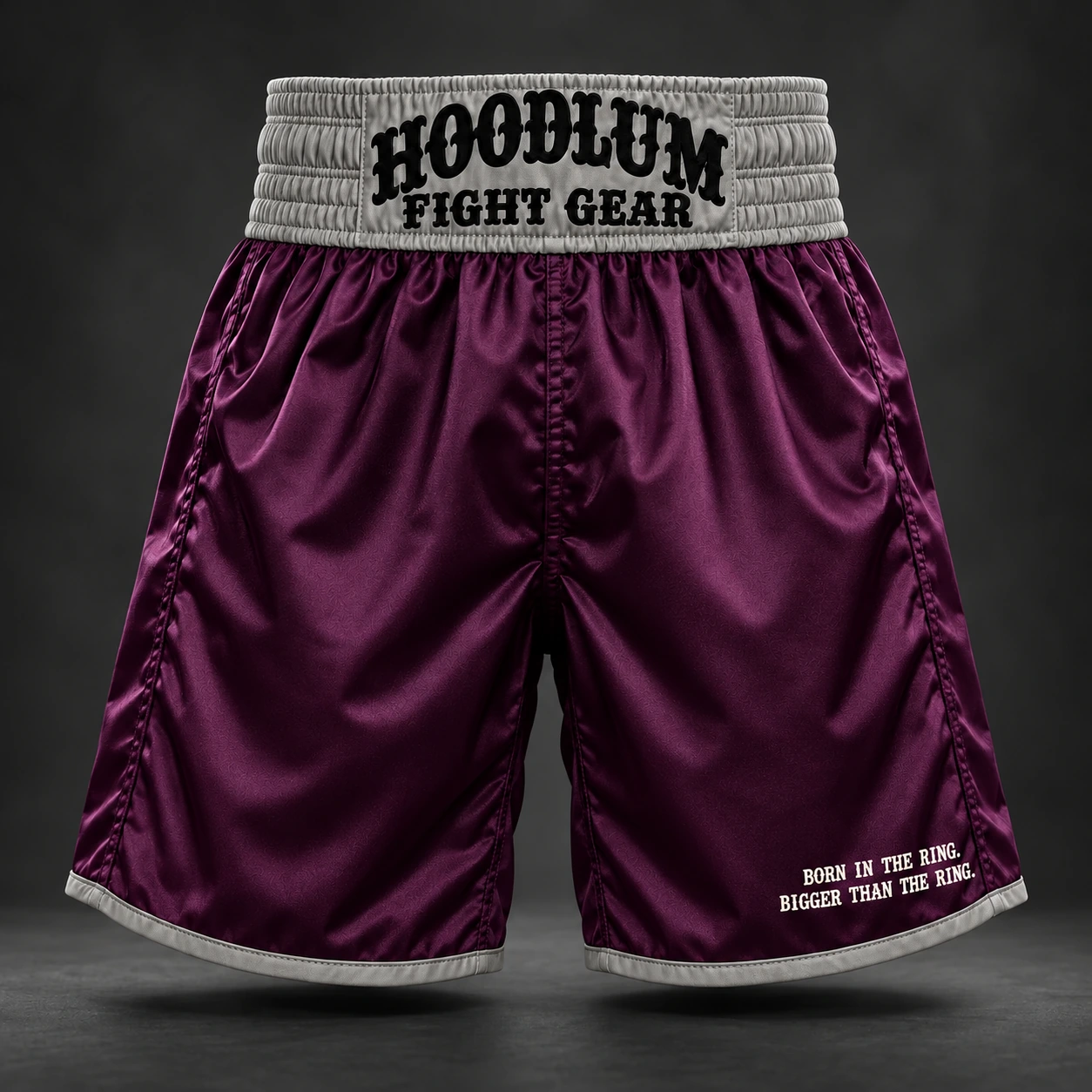 Beyond Ring Boxing Shorts — Plum / Pewter — Front view (AI demo concept)