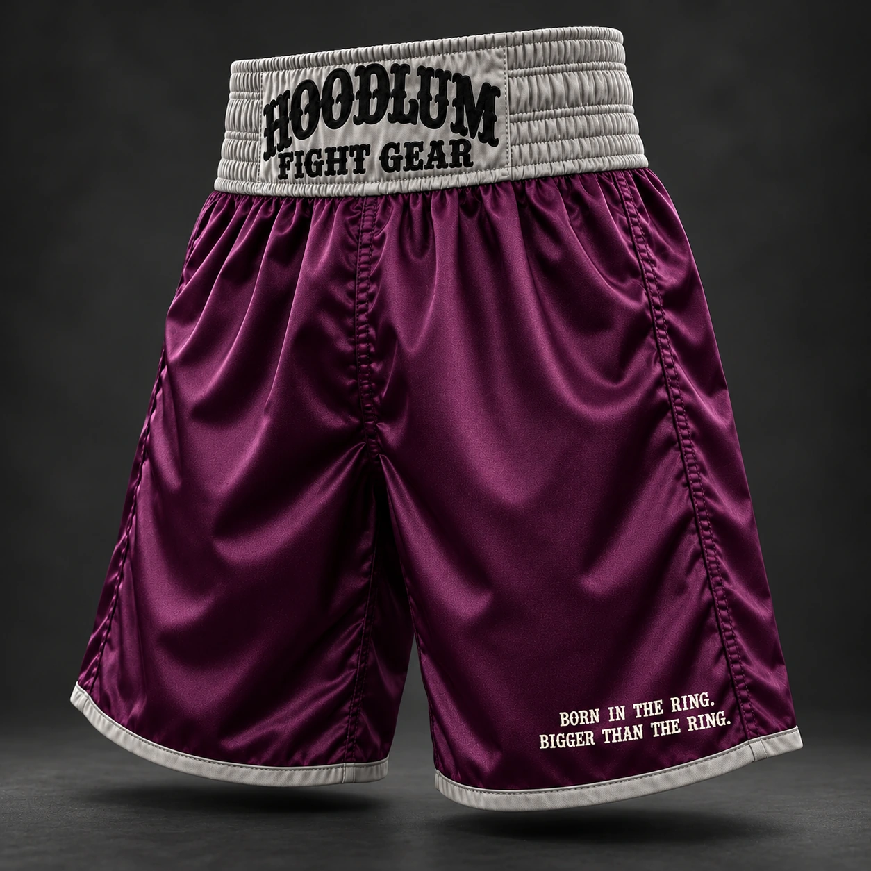 Beyond Ring Boxing Shorts — Plum / Pewter — Three-quarter view (AI demo concept)