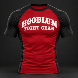 Beyond Ring Panel Rash Guard — Crimson / Onyx — Front view (AI demo concept)