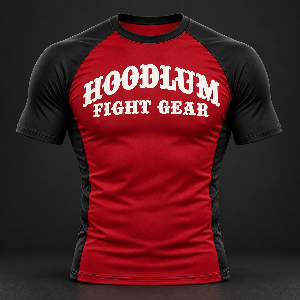 Beyond Ring Panel Rash Guard — Crimson / Onyx — Front view (AI demo concept)