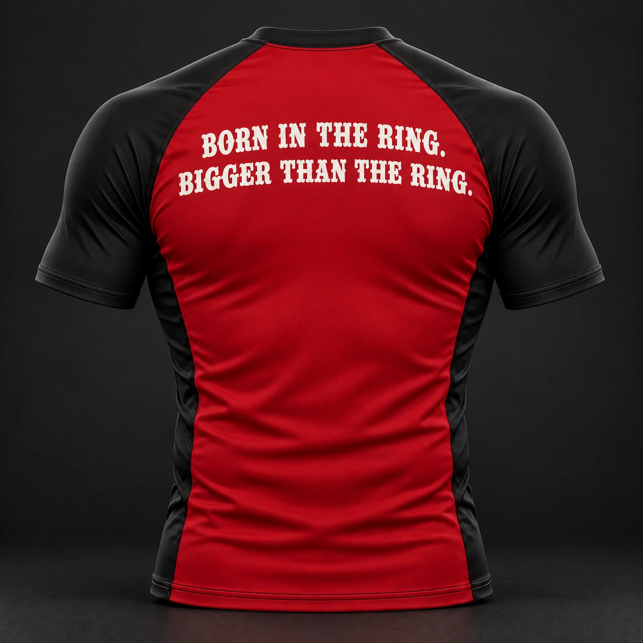 Beyond Ring Panel Rash Guard — Crimson / Onyx — Back view (AI demo concept)