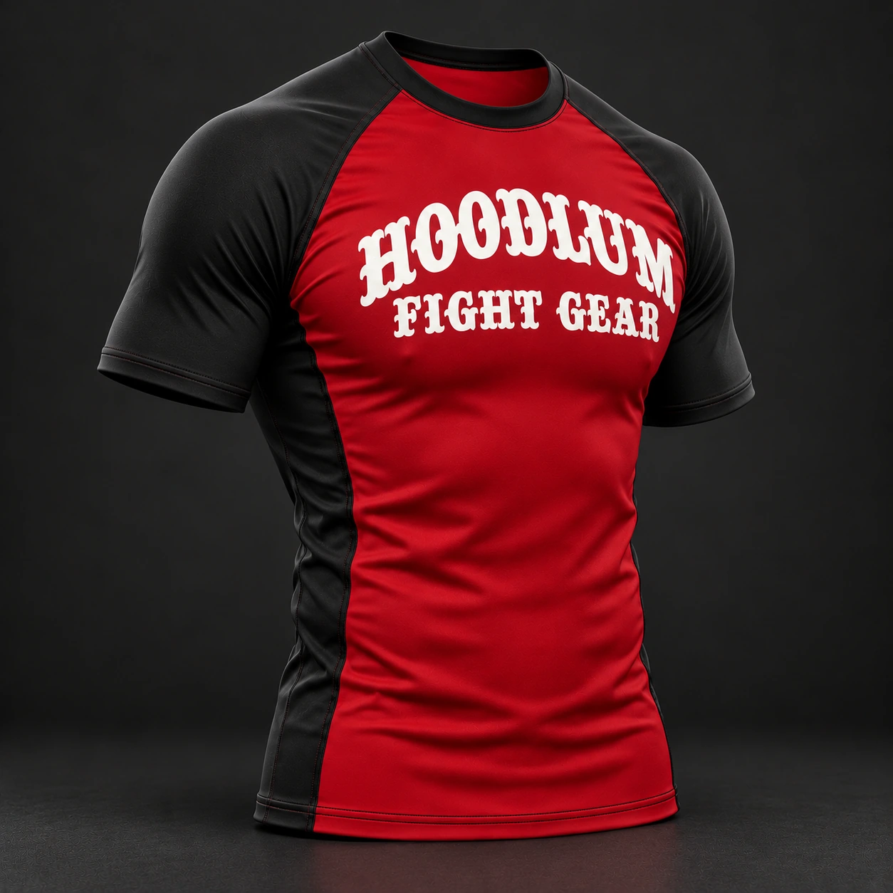Beyond Ring Panel Rash Guard — Crimson / Onyx — Three-quarter view (AI demo concept)