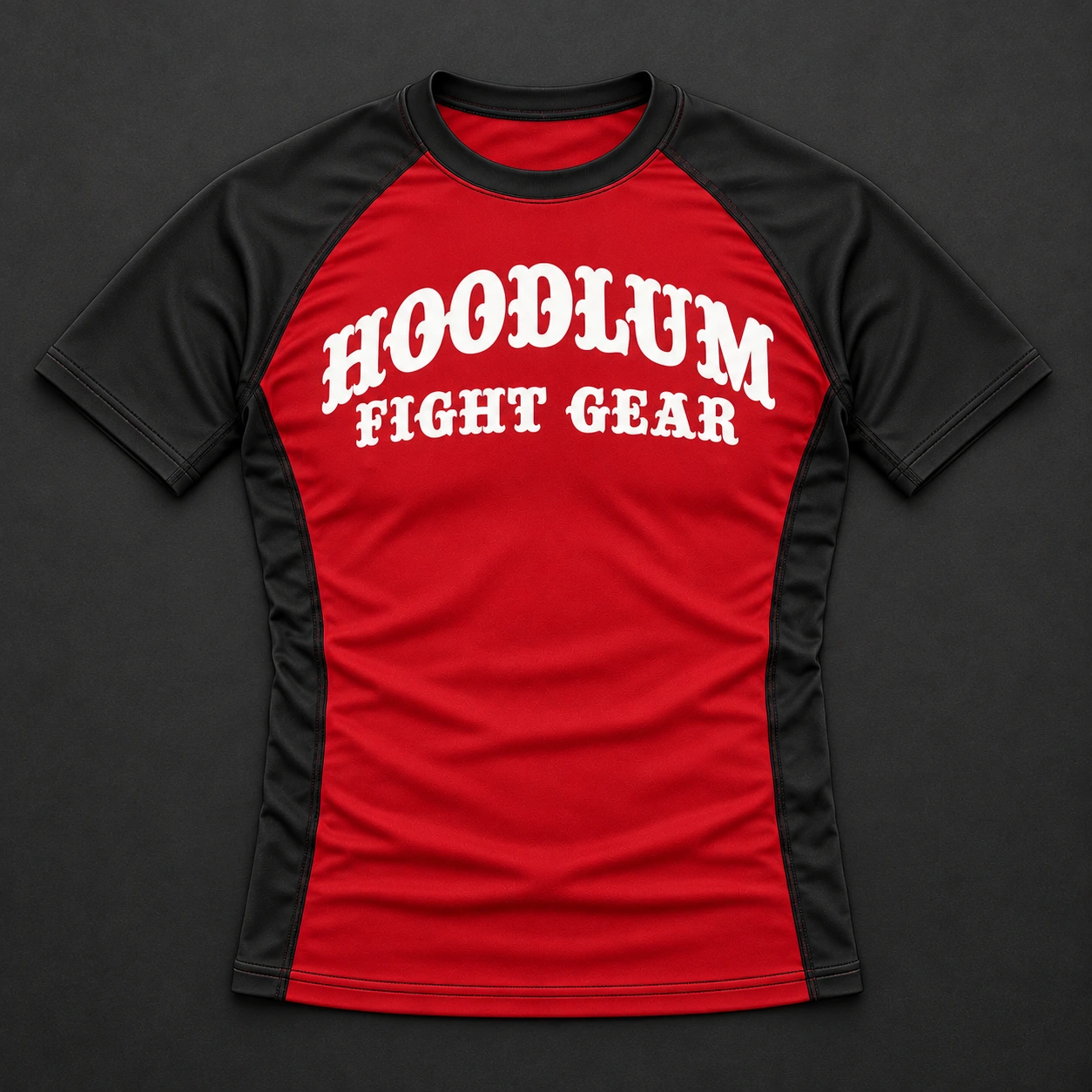 Beyond Ring Panel Rash Guard — Crimson / Onyx — Flat-lay view (AI demo concept)