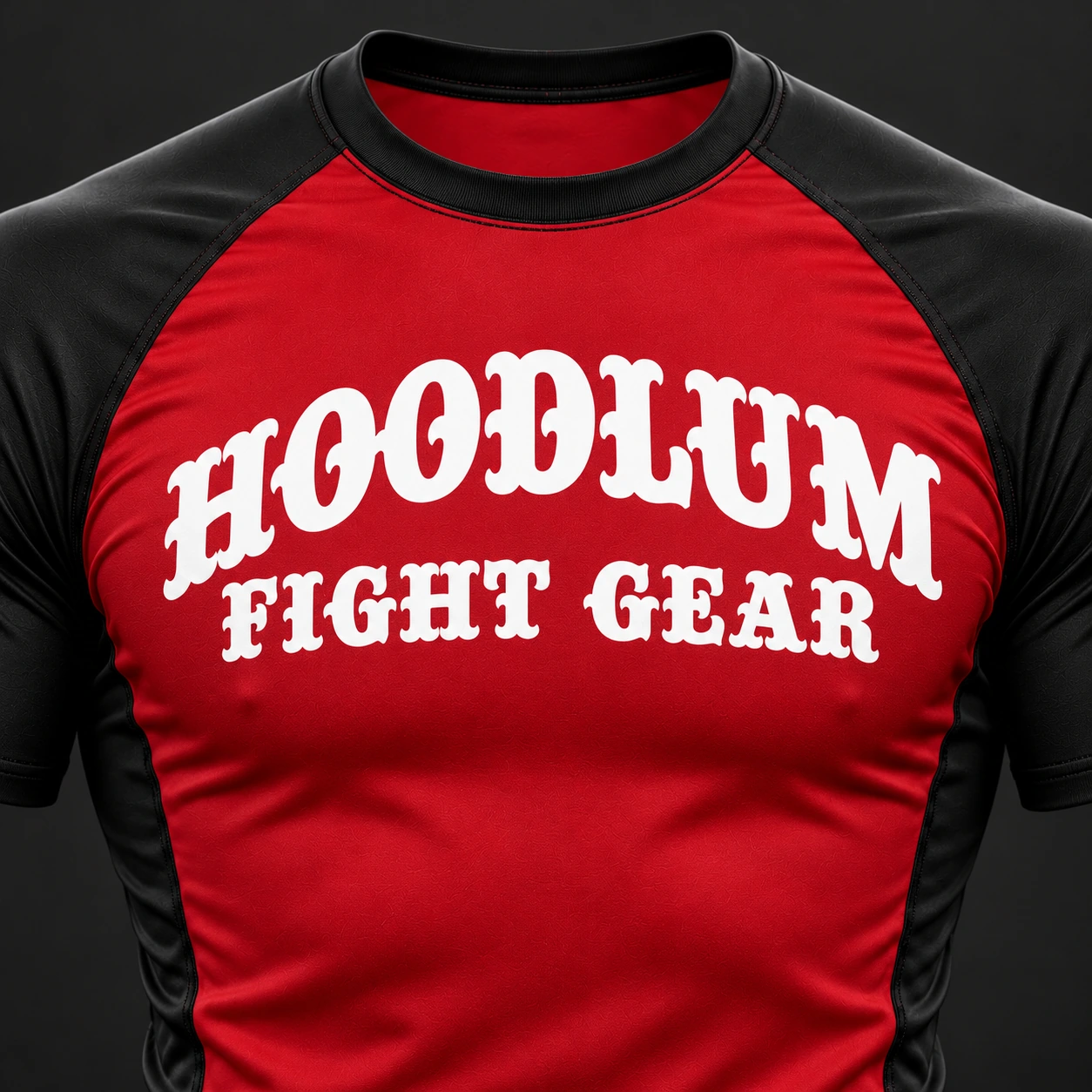 Beyond Ring Panel Rash Guard — Crimson / Onyx — Branding detail (AI demo concept)