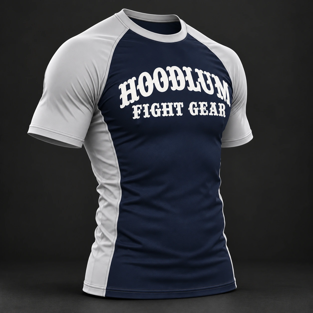 Beyond Ring Panel Rash Guard — Midnight / Ice — Three-quarter view (AI demo concept)