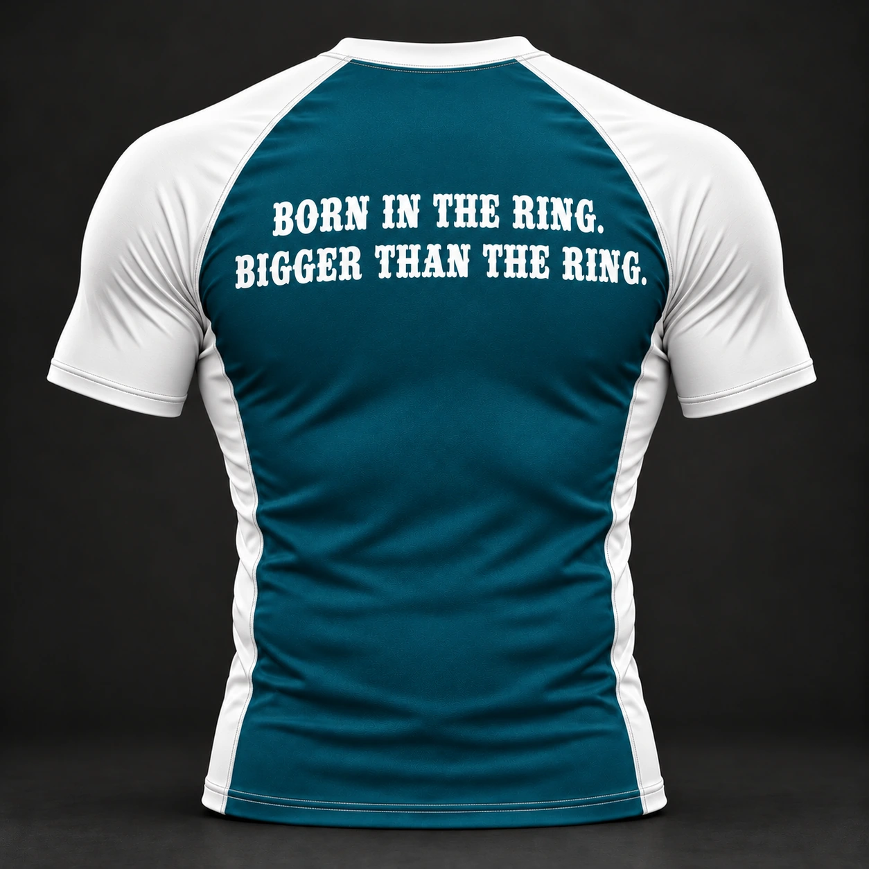 Beyond Ring Panel Rash Guard — Petrol / Chalk — Back view (AI demo concept)