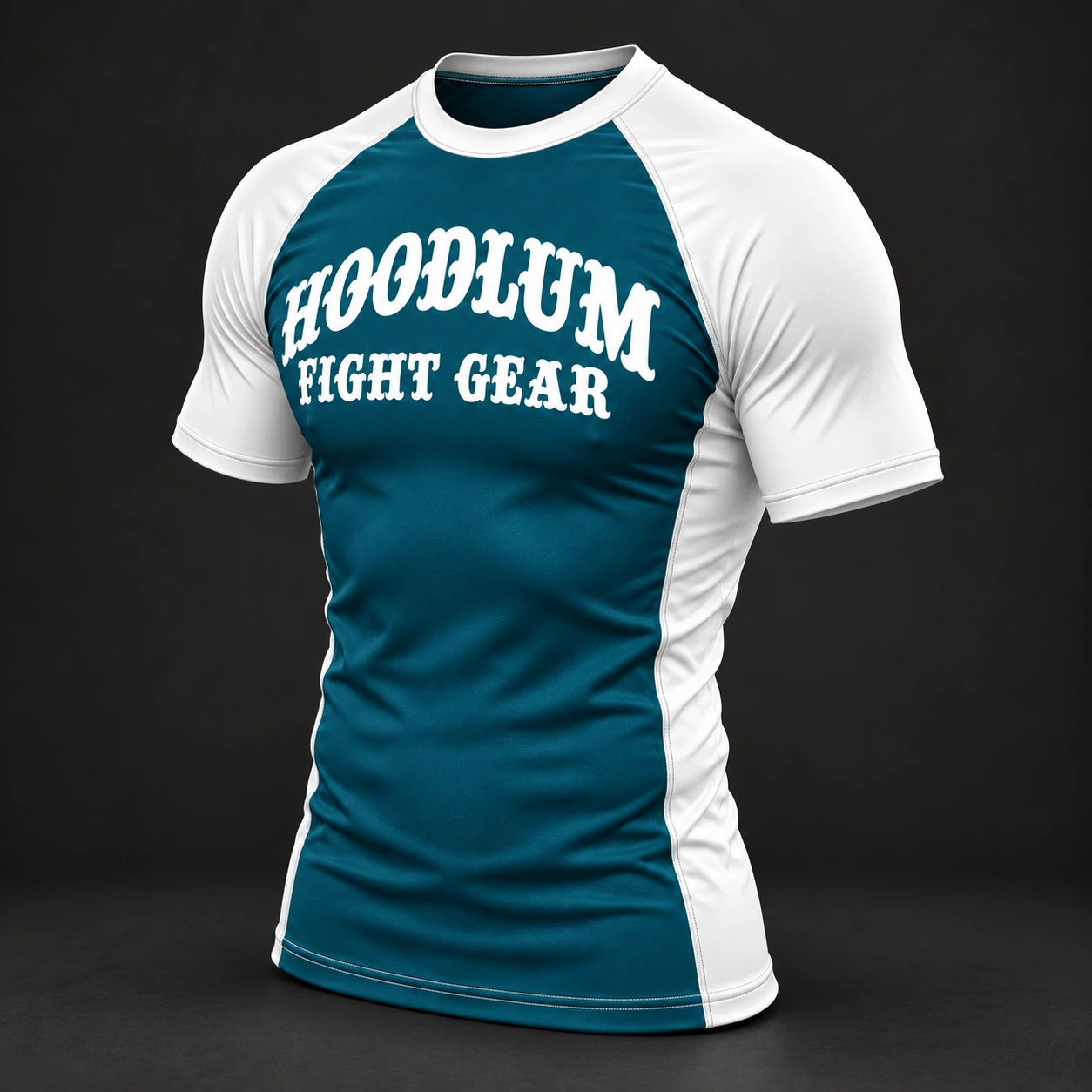 Beyond Ring Panel Rash Guard — Petrol / Chalk — Three-quarter view (AI demo concept)