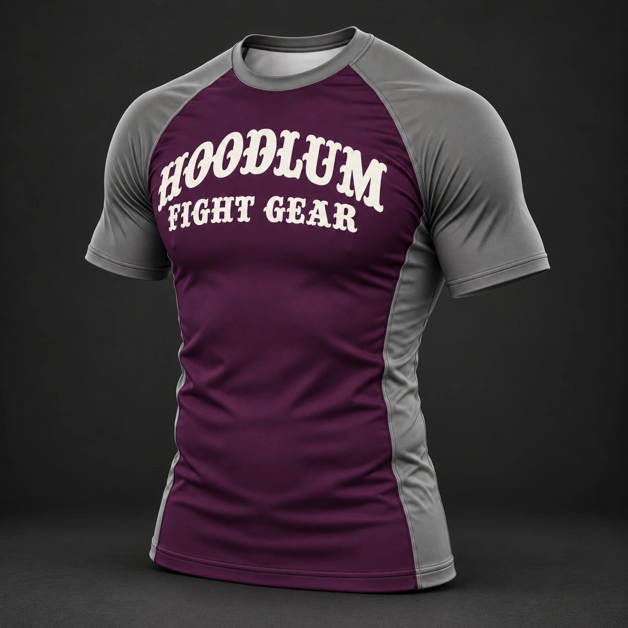 Beyond Ring Panel Rash Guard — Plum / Pewter — Three-quarter view (AI demo concept)
