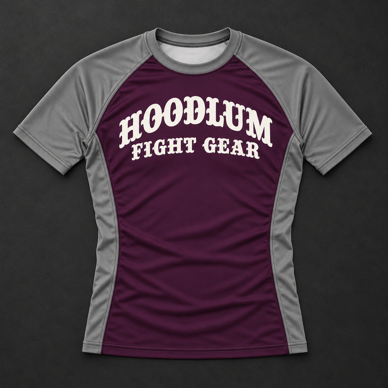 Beyond Ring Panel Rash Guard — Plum / Pewter — Flat-lay view (AI demo concept)