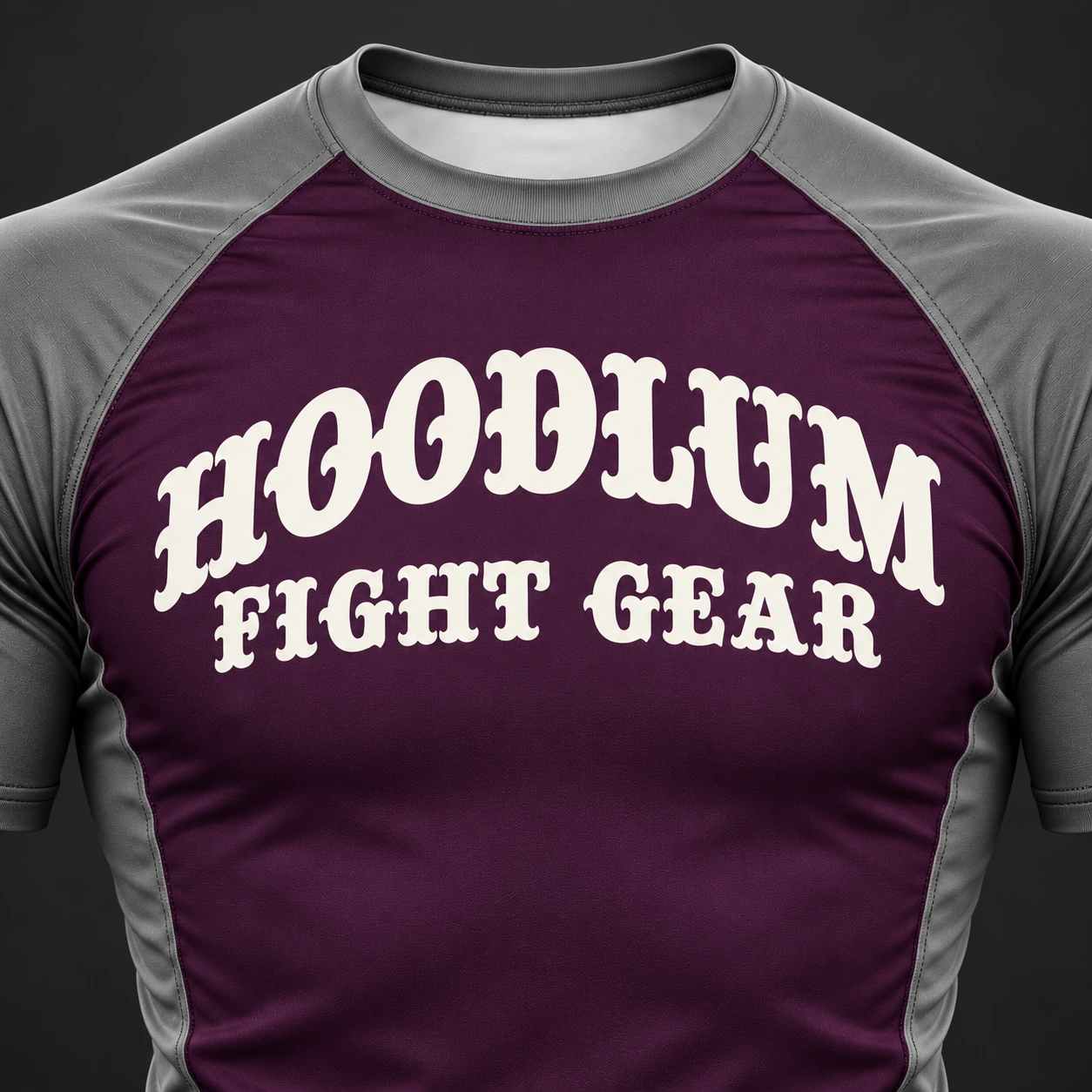 Beyond Ring Panel Rash Guard — Plum / Pewter — Branding detail (AI demo concept)