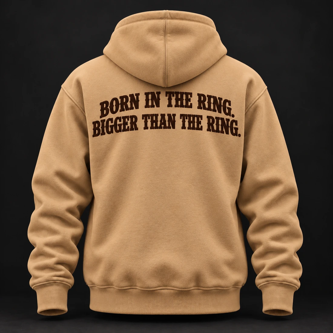Beyond the Ring Hoodie — Camel / Espresso — Back view (AI demo concept)