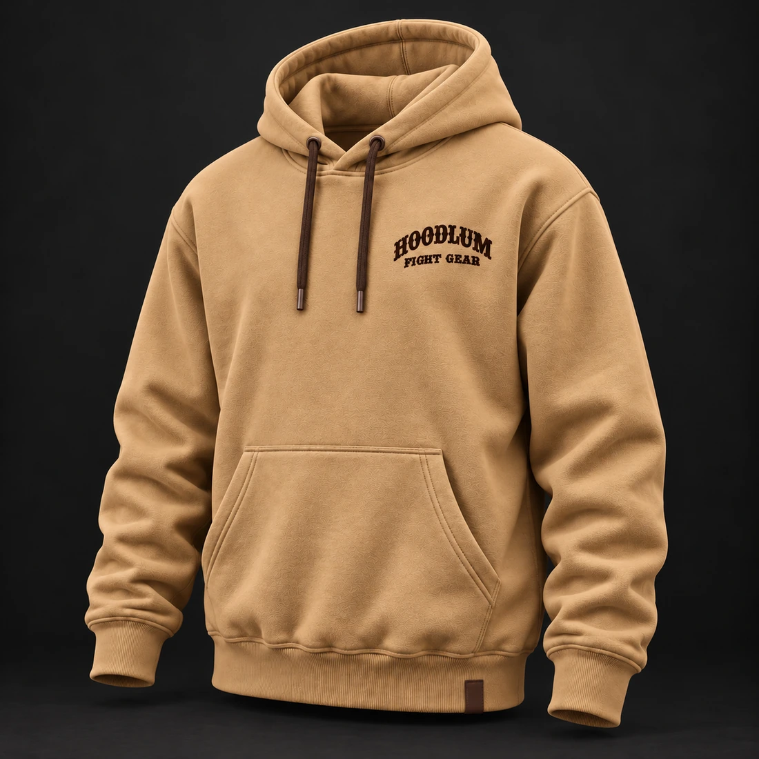 Beyond the Ring Hoodie — Camel / Espresso — Three-quarter view (AI demo concept)
