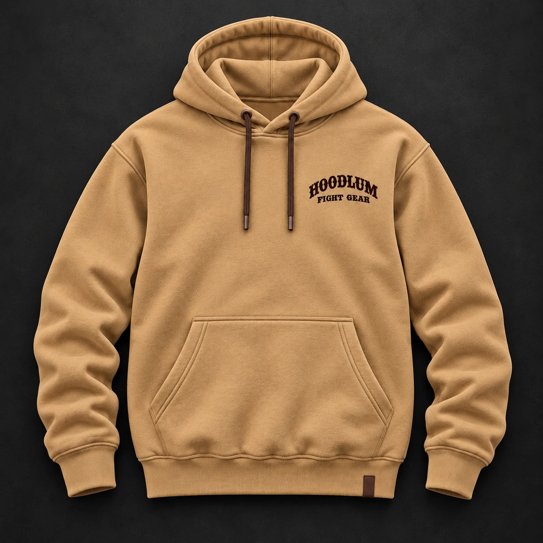 Beyond the Ring Hoodie — Camel / Espresso — Flat-lay view (AI demo concept)