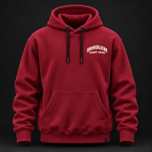 Beyond the Ring Hoodie — Crimson / Onyx — Front view (AI demo concept)