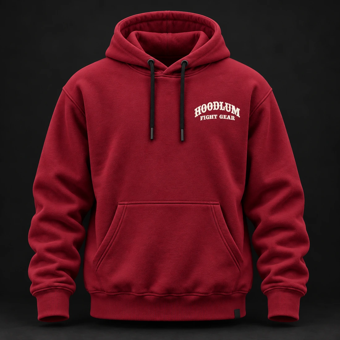 Beyond the Ring Hoodie — Crimson / Onyx — Front view (AI demo concept)