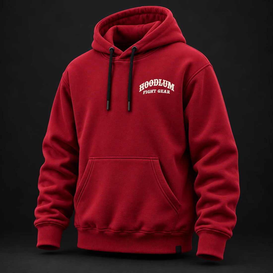Beyond the Ring Hoodie — Crimson / Onyx — Three-quarter view (AI demo concept)