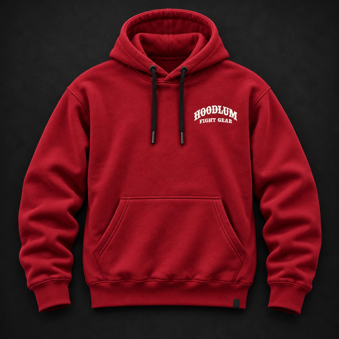 Beyond the Ring Hoodie — Crimson / Onyx — Flat-lay view (AI demo concept)